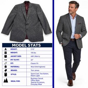 Tom James Executive Collection Grey Herringbone Wool Sport Coat Blazer 44R Mens